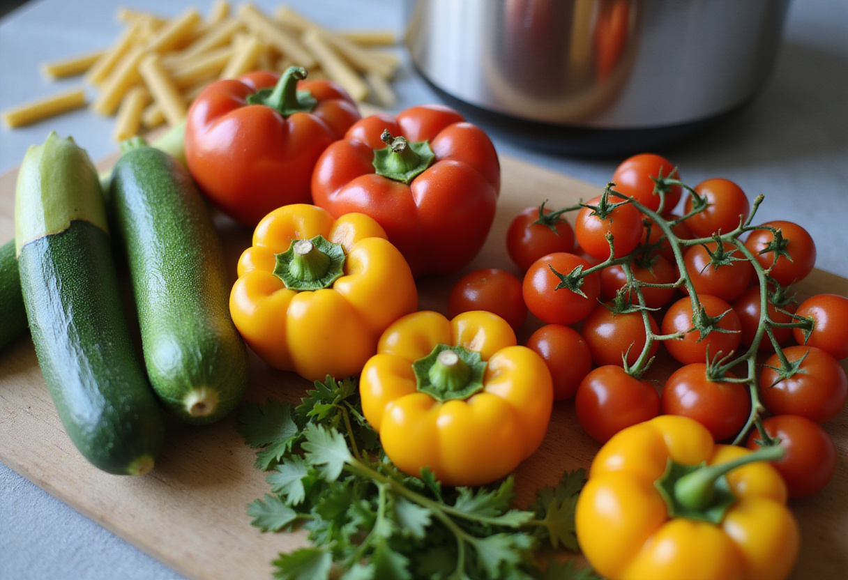 Fresh summer vegetables for One-Pot Summer Veg Pasta showcasing zucchini, bell peppers, and cherry tomatoes on a cutting board.