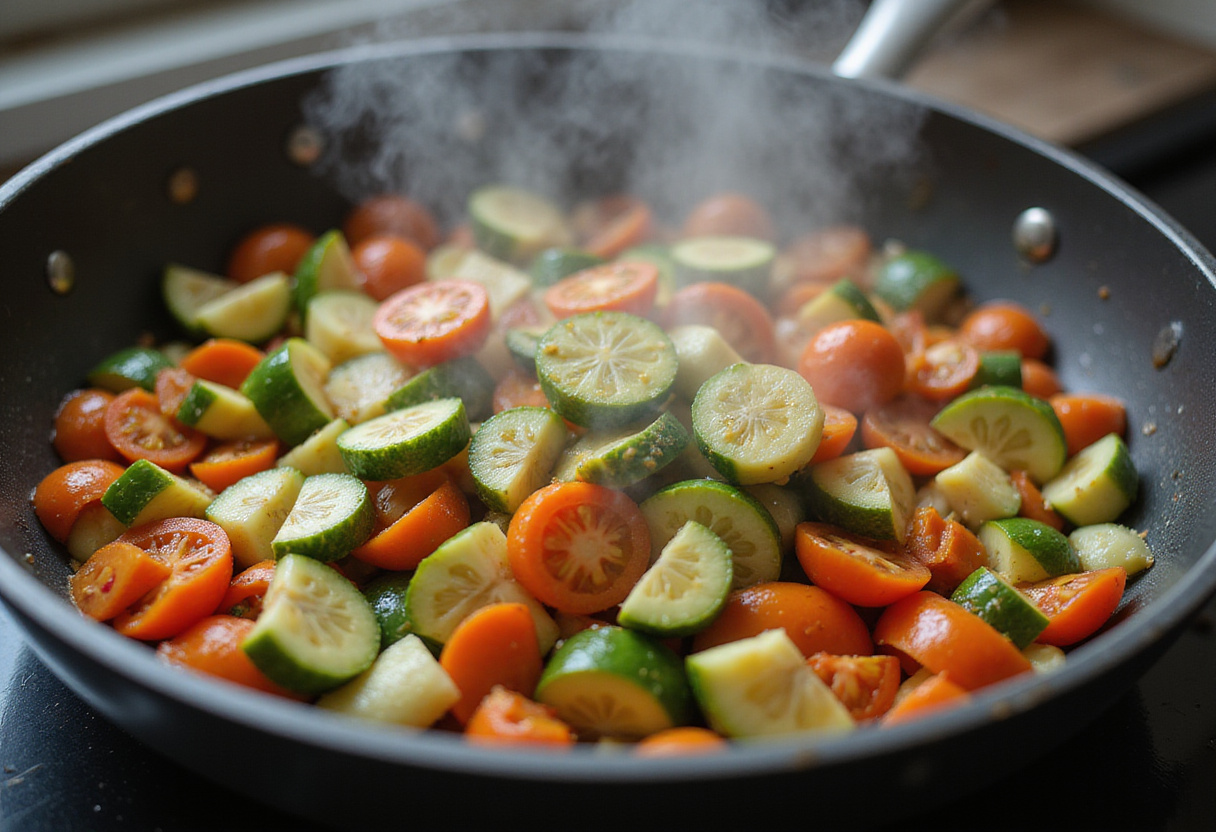 Sautéing vegetables for One-Pot Summer Veg Pasta in a pot, highlighting a vibrant mix of fresh ingredients cooking beautifully.