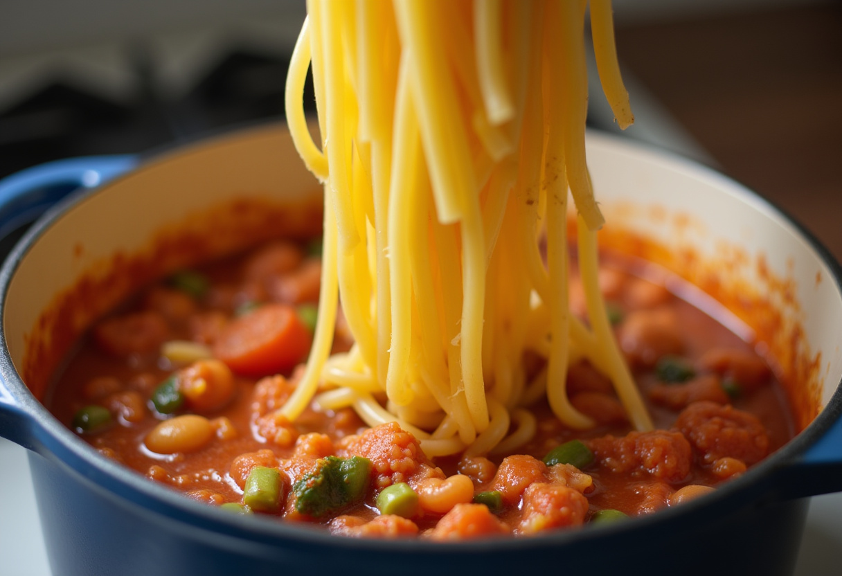 Adding pasta and sauce to the mix for One-Pot Summer Veg Pasta, capturing the essence of a hearty, flavorful dish in progress.