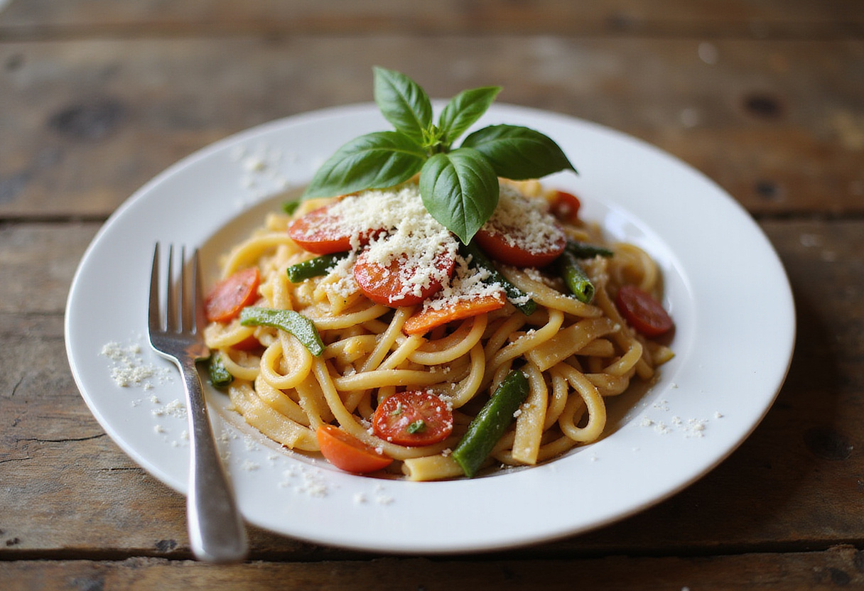 Garnished One-Pot Summer Veg Pasta served on a plate, showcasing a vibrant and appealing meal ready to enjoy.