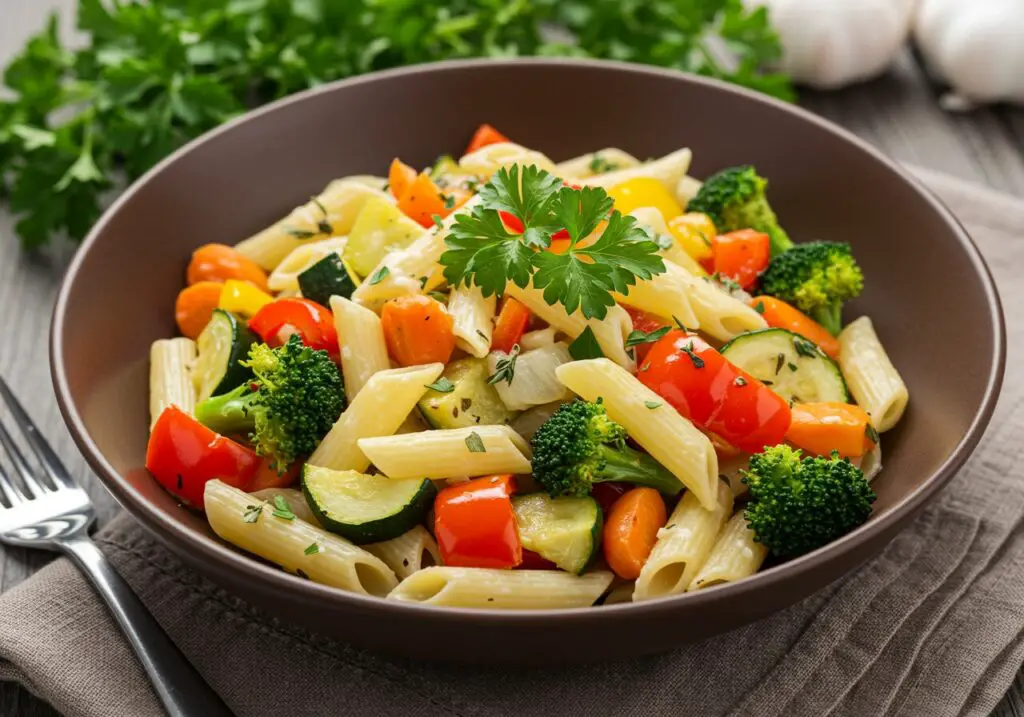 Delicious one pot veggie pasta ready to savor, showcasing a colorful and fresh combination of vegetables, perfect for a quick meal.