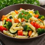 Delicious one pot veggie pasta ready to savor, showcasing a colorful and fresh combination of vegetables, perfect for a quick meal.