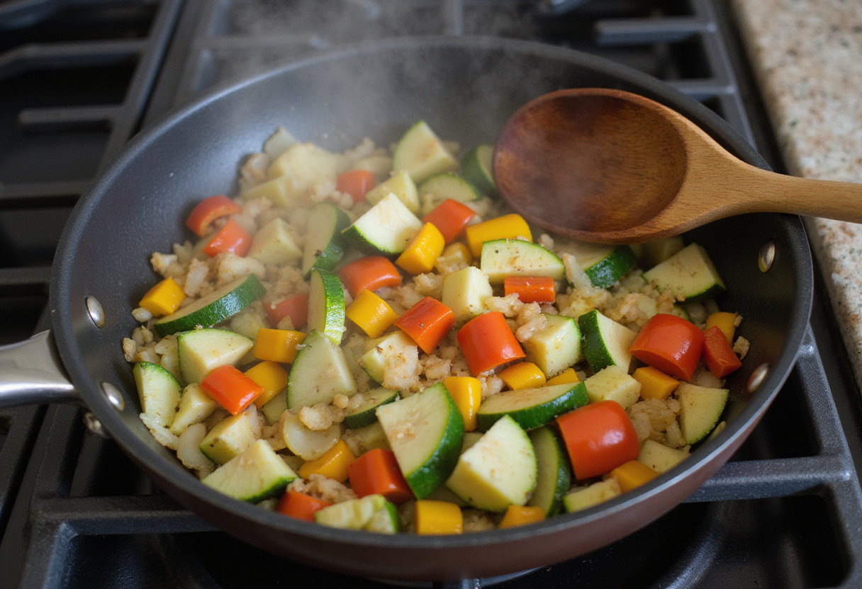 Healthy one pot veggie pasta preparation with fresh chopped vegetables sautéing in olive oil for vibrant flavors.