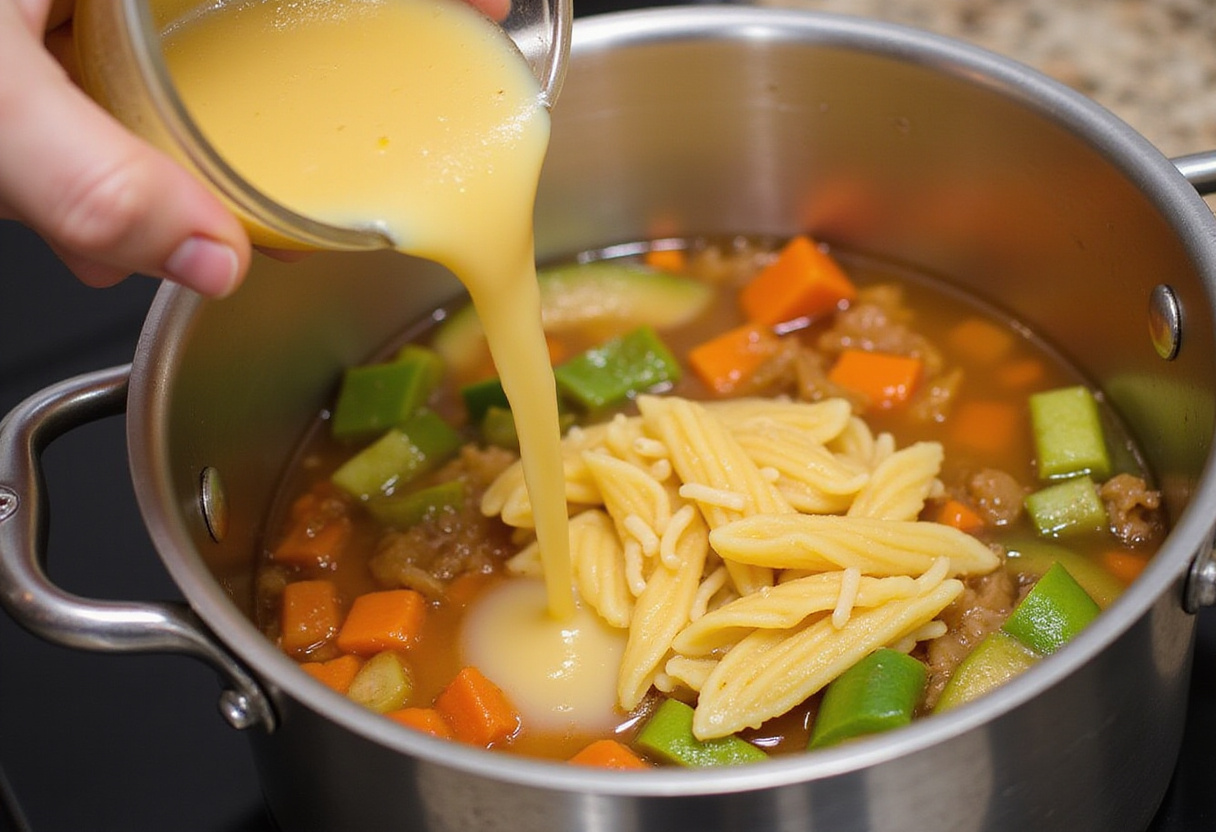 Cooking one pot veggie pasta with uncooked pasta mixed with sautéed vegetables in a bubbling vegetable broth for a hearty meal.