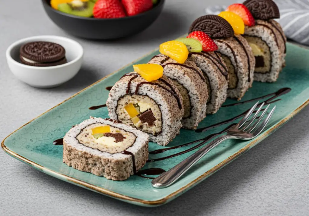 Cut pieces of Oreo Cream Cheese Cheesecake Sushi Roll on a plate, showcasing a unique dessert ready to delight with flavors and presentation.