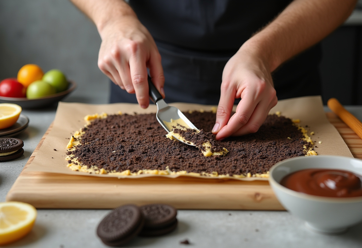Cream cheese filling spread on crushed Oreo layer for Oreo Cream Cheese Cheesecake Sushi Roll, demonstrating the unique roll preparation.
