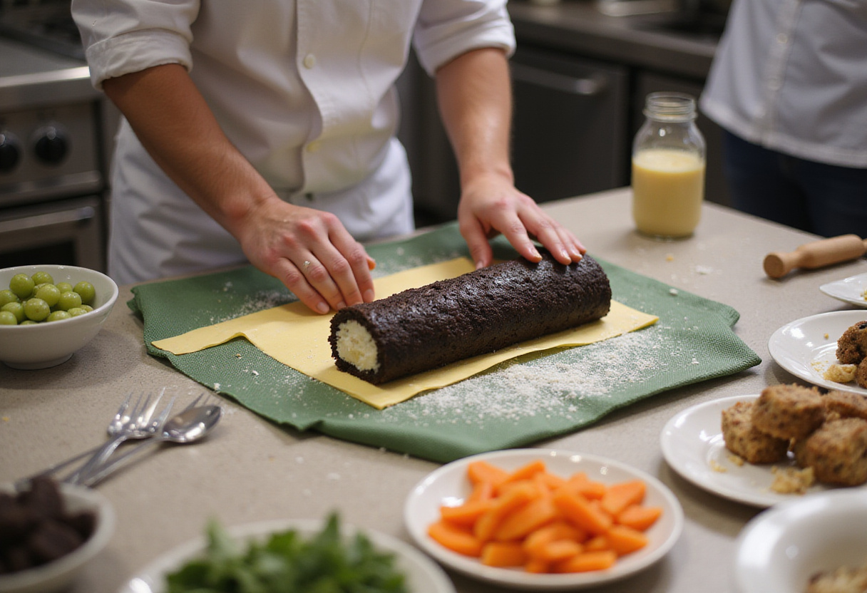 Rolling the cheesecake sushi for Oreo Cream Cheese Cheesecake Sushi Roll in a kitchen setting, capturing the art of dessert making.