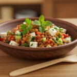 Final presentation of Orientalischer Rote Linsen Salat mit Feta, a vibrant salad plated and ready to eat, showcasing the delicious ingredients.