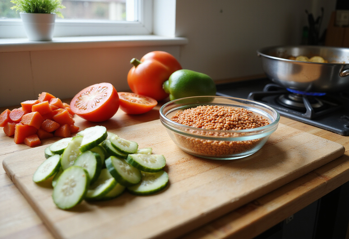Fresh ingredients for Orientalischer Rote Linsen Salat mit Feta, diced vegetables, and red lentils on a cutting board, vibrant and colorful kitchen setting.