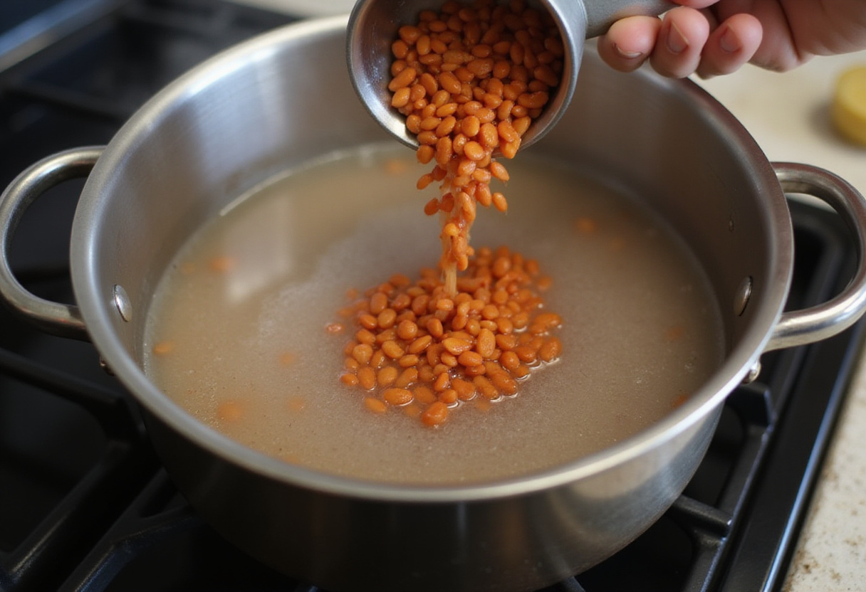 Cooking red lentils for Orientalischer Rote Linsen Salat mit Feta, showing a pot on the stove with boiling water and lentils, illustrates the preparation process.
