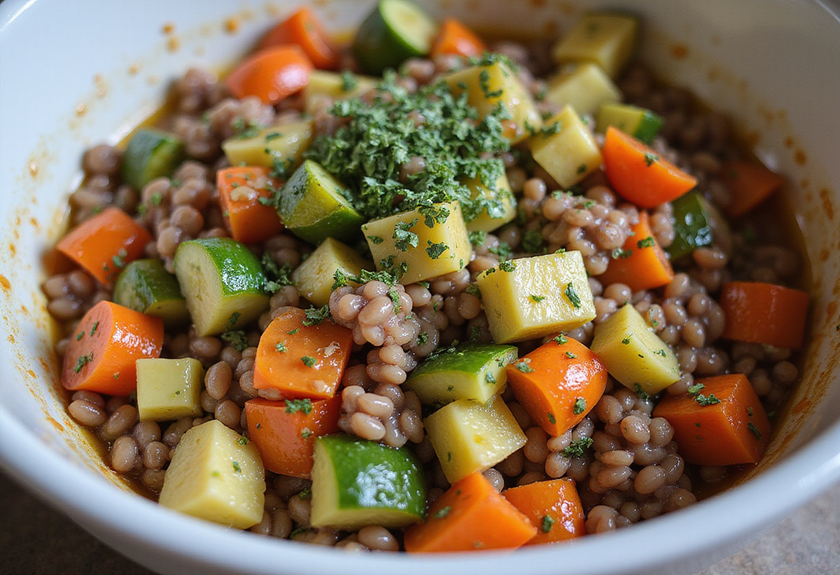 Mixing together ingredients for Orientalischer Rote Linsen Salat mit Feta, showcasing vibrant cooked lentils and fresh vegetables in a mixing bowl.