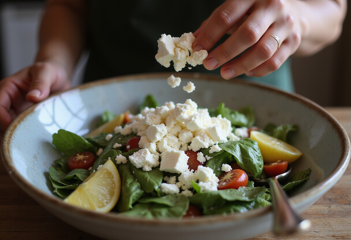 Adding feta cheese to Orientalischer Rote Linsen Salat mit Feta, finishing touches on a colorful salad ready to be enjoyed.