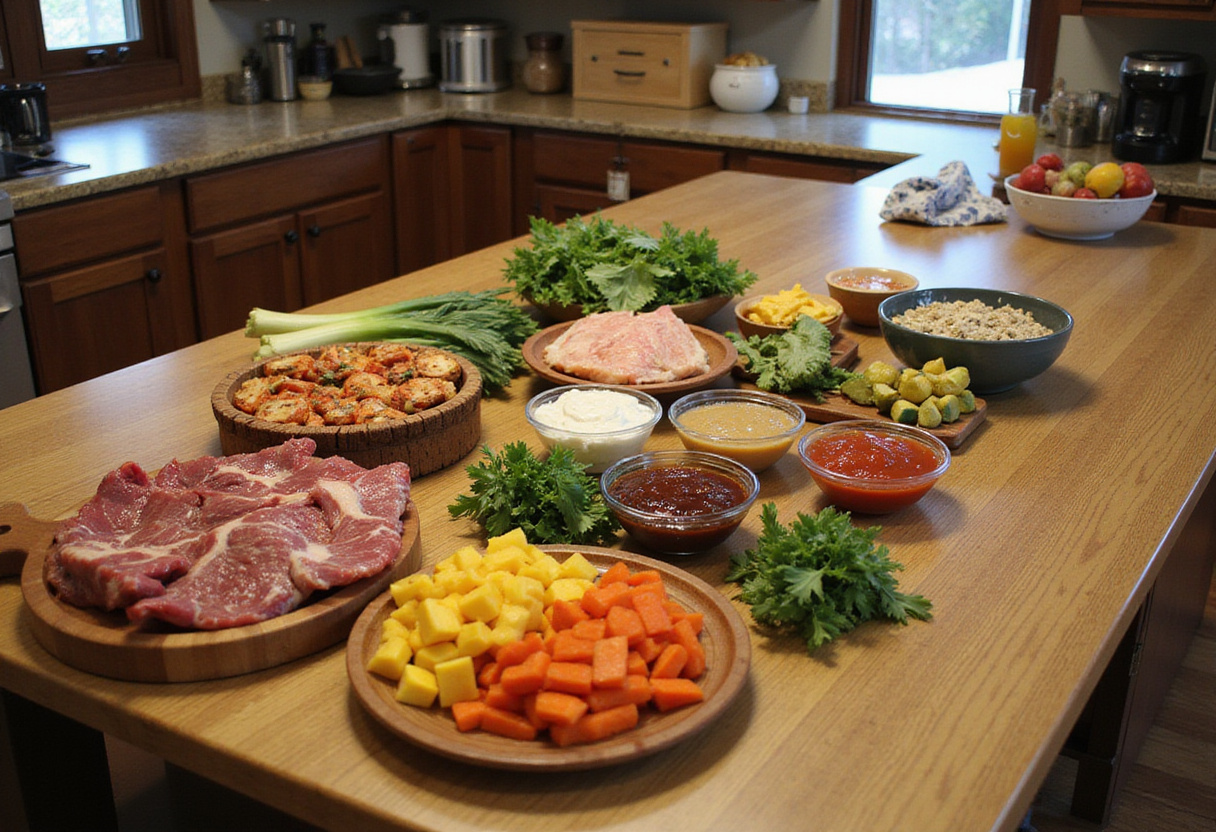 Ingredients for Parent Trap Meal Party including fresh vegetables, meats, and sauces, perfect for a fun family gathering.