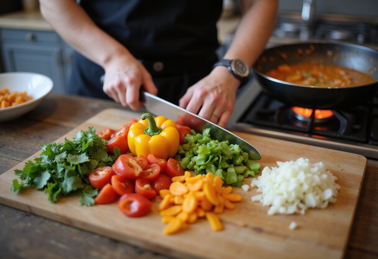 Chopping vibrant bell peppers and onions as part of the delicious Parent Trap Meal Party preparation.