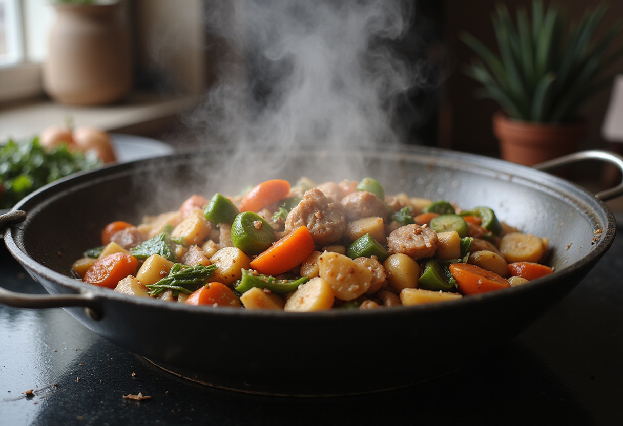 Sautéing a flavorful mix of vegetables and meat for the Parent Trap Meal Party, creating a delightful aroma.