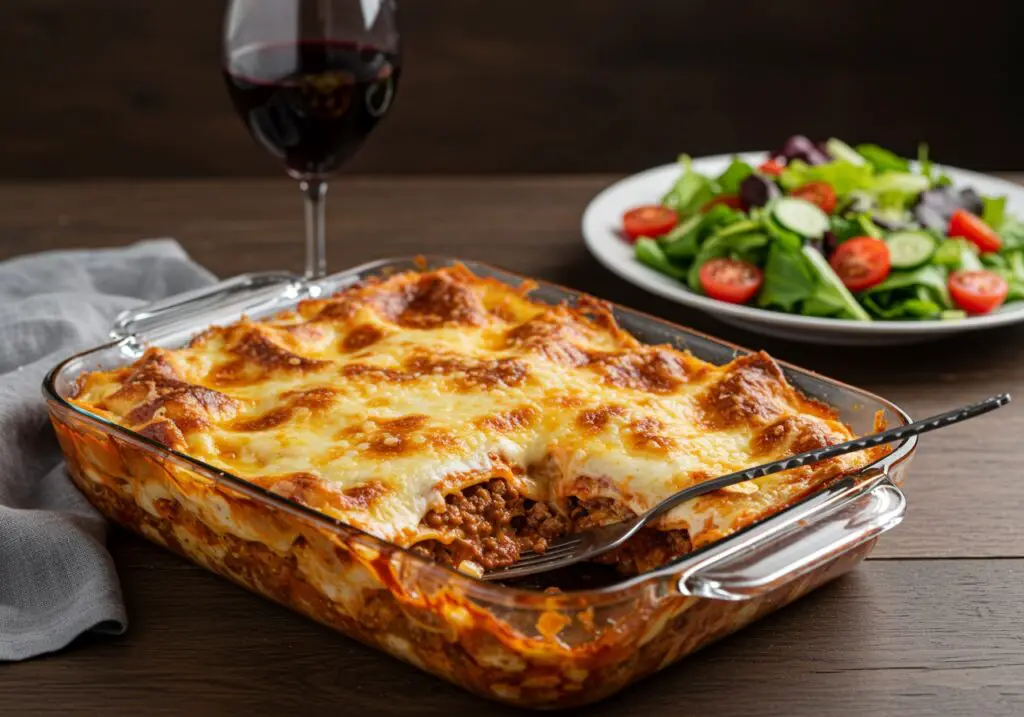 Gorgeous serving of Parmesan Garlic Bacon Cheeseburger Lasagna with layers of cheese and bacon on a dining table.