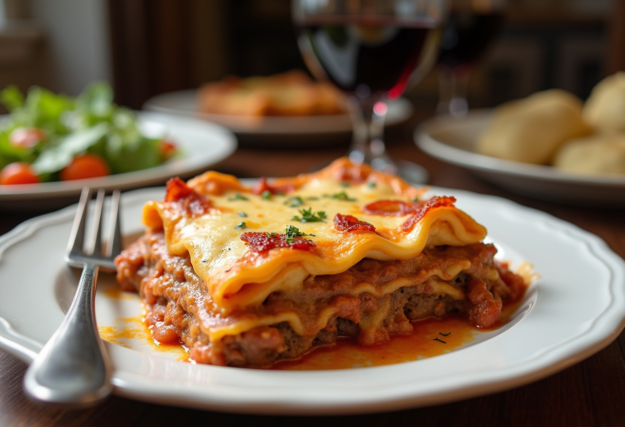 Gorgeous serving of Parmesan Garlic Bacon Cheeseburger Lasagna with layers of cheese and bacon on a dining table.