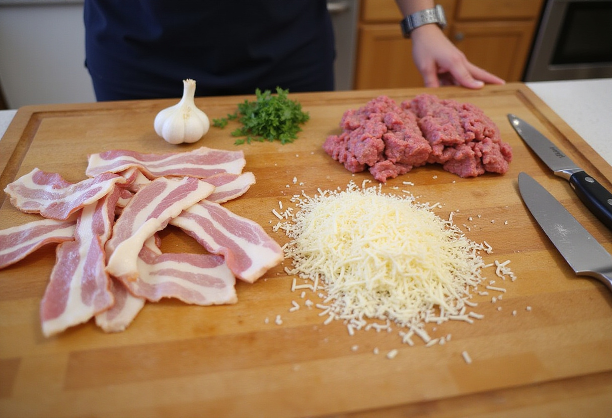 Preparing ingredients for Parmesan Garlic Bacon Cheeseburger Lasagna with garlic, bacon, and ground beef on a countertop.