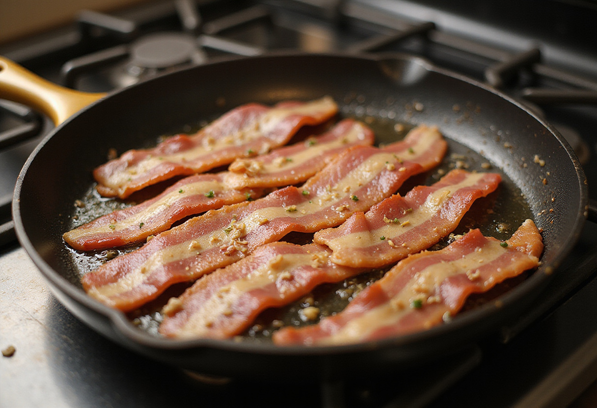 Cooking crispy bacon and minced garlic for Parmesan Garlic Bacon Cheeseburger Lasagna in a skillet.