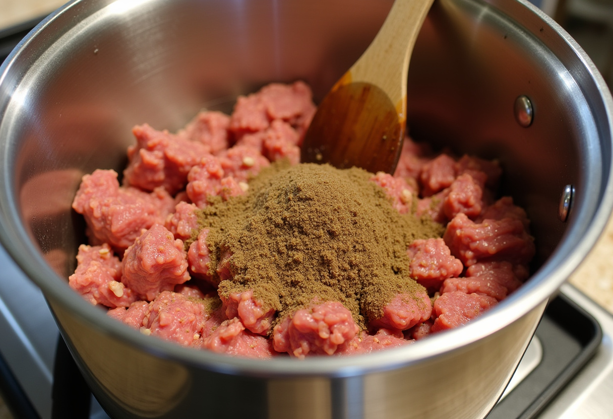 Mixing seasoned ground beef with cooked bacon and garlic for Parmesan Garlic Bacon Cheeseburger Lasagna filling.
