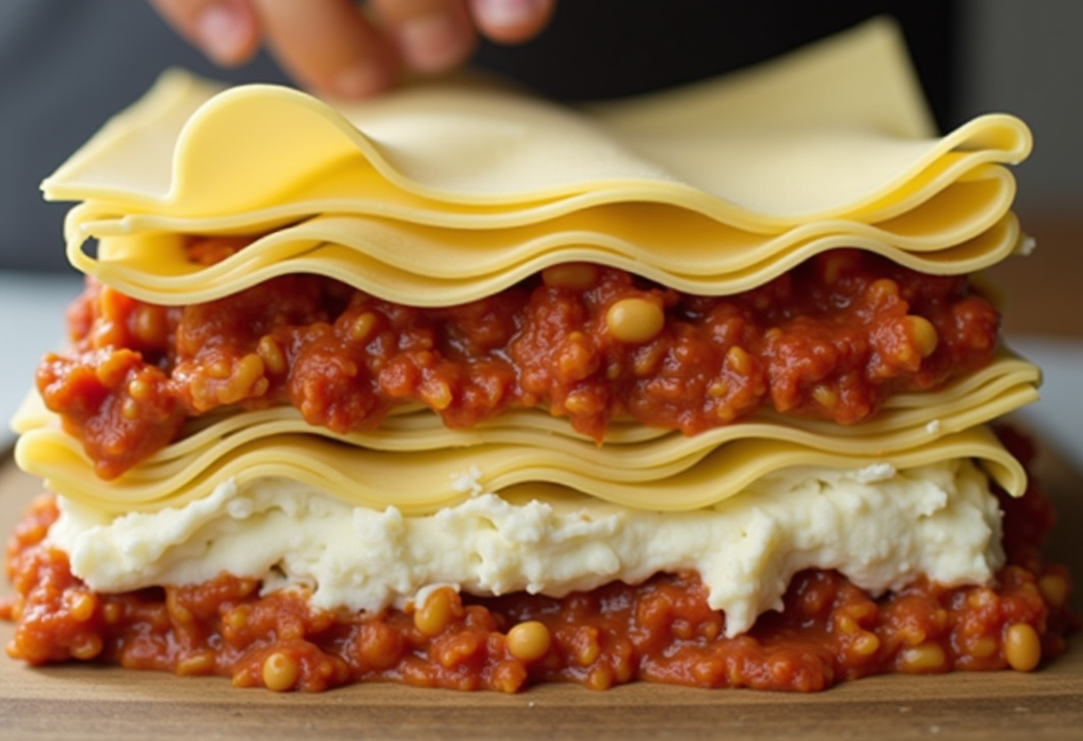 Assembling layers of lasagna noodles, beef mixture, and cheeses for Parmesan Garlic Bacon Cheeseburger Lasagna.