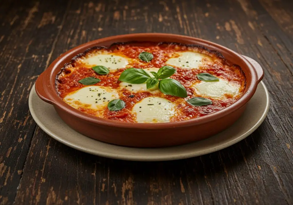 The final presentation of Pasta alla Sorrentina, a heartwarming comfort food dish, showcasing melted mozzarella and fresh basil in a rustic dining atmosphere.