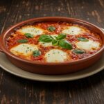 The final presentation of Pasta alla Sorrentina, a heartwarming comfort food dish, showcasing melted mozzarella and fresh basil in a rustic dining atmosphere.