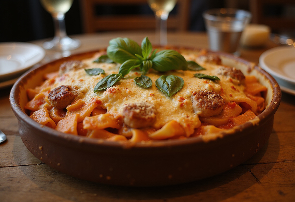 The final presentation of Pasta alla Sorrentina, a heartwarming comfort food dish, showcasing melted mozzarella and fresh basil in a rustic dining atmosphere.