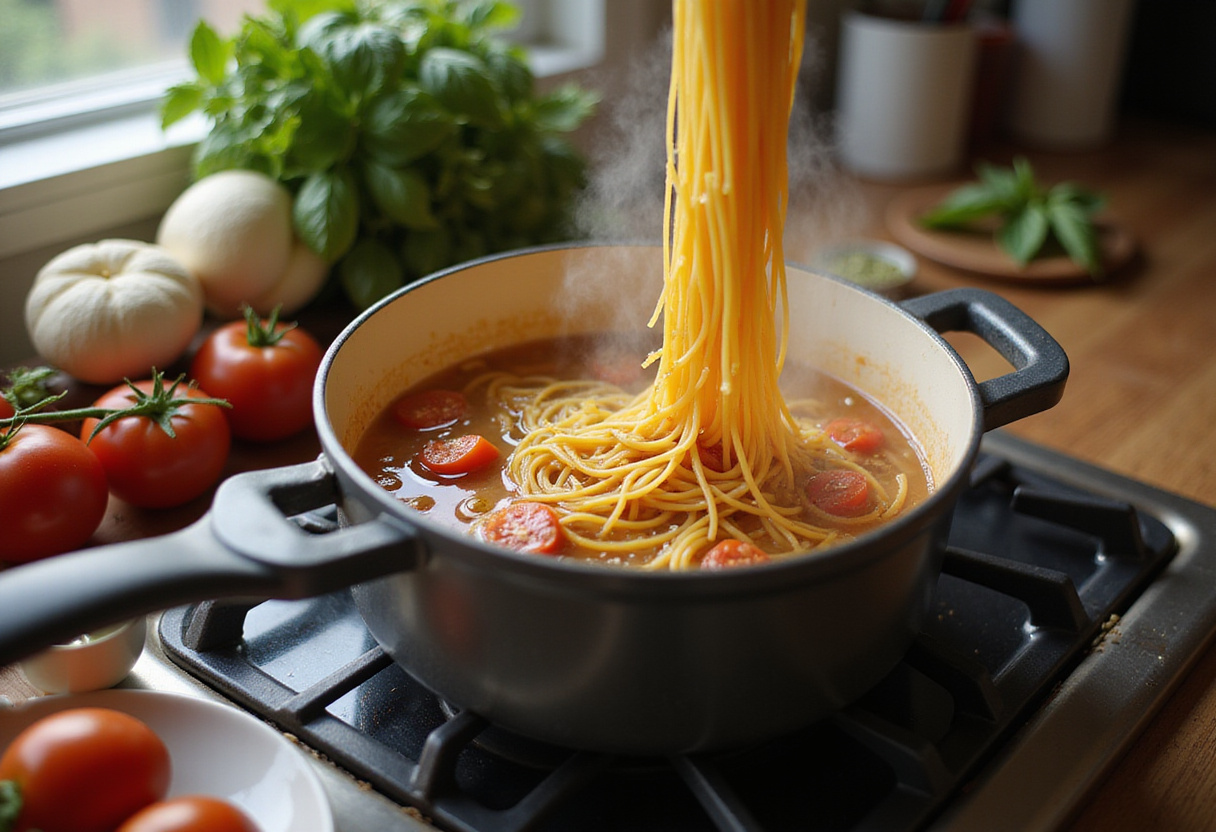 Spaghetti being added to boiling water for Pasta alla Sorrentina, featuring fresh ingredients like tomatoes and mozzarella for an ultimate comfort food experience.