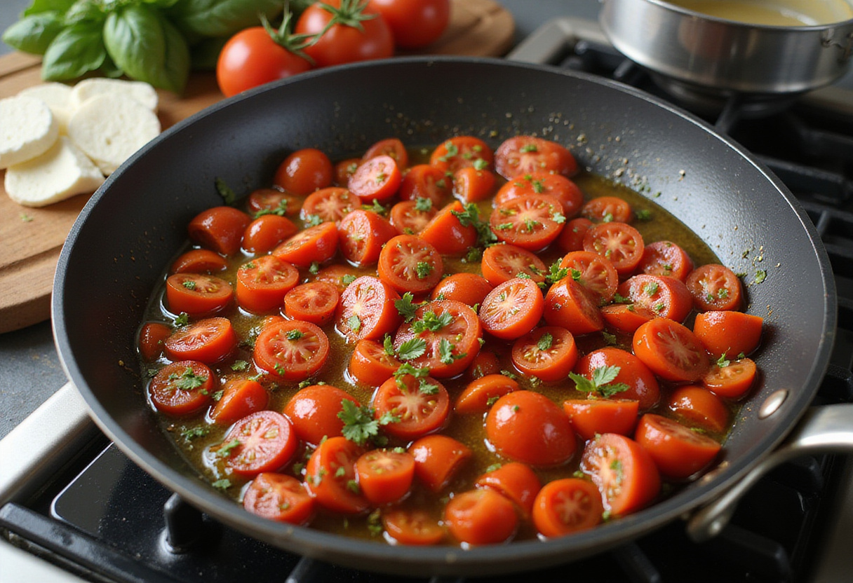 Cooking diced tomatoes with garlic and herbs in a skillet for exquisite Pasta alla Sorrentina, highlighting fresh basil and mozzarella as key ingredients.
