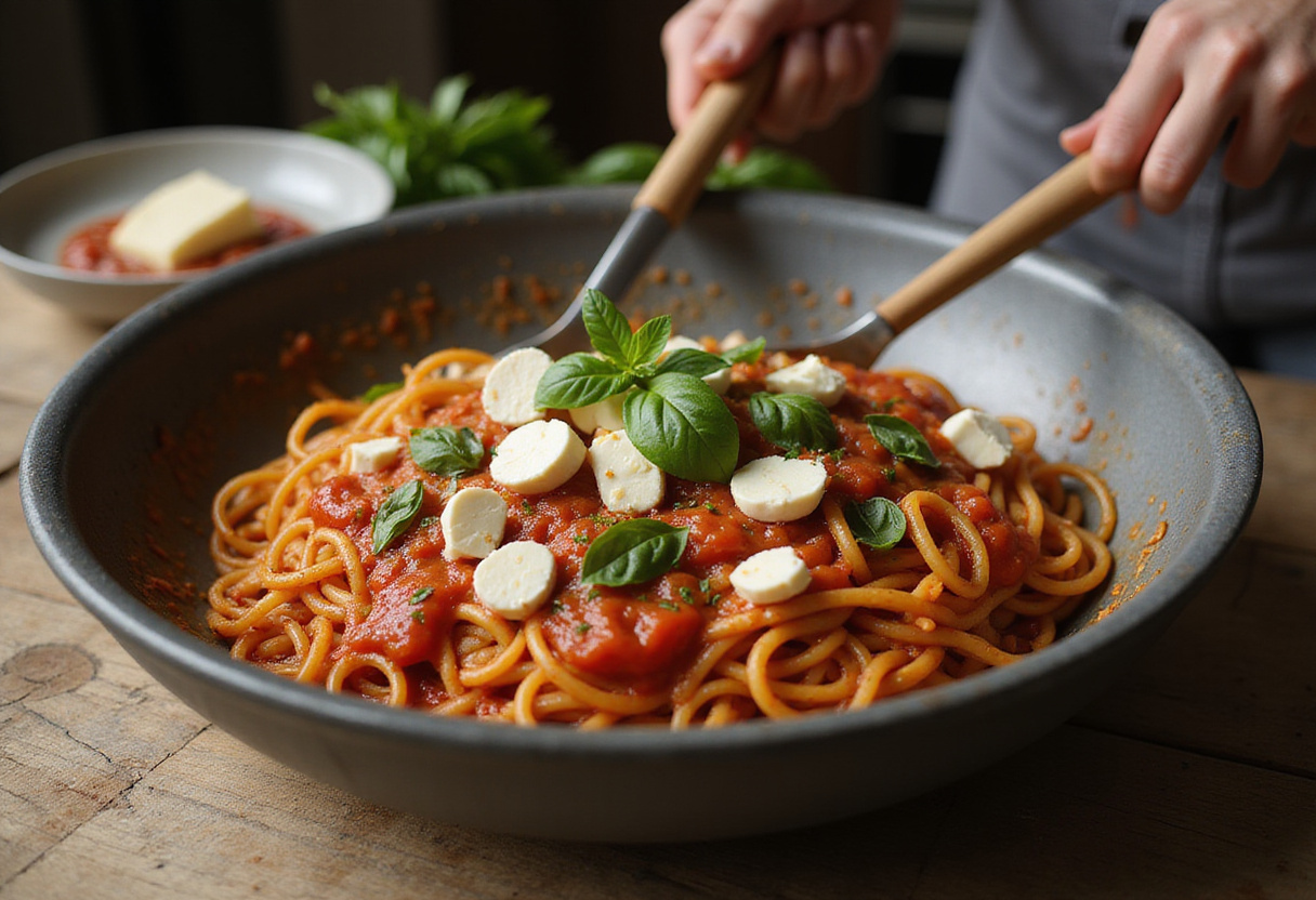 Combining spaghetti with tomato sauce and mozzarella for Pasta alla Sorrentina, emphasizing the blend of comforting ingredients in a rustic kitchen setting.