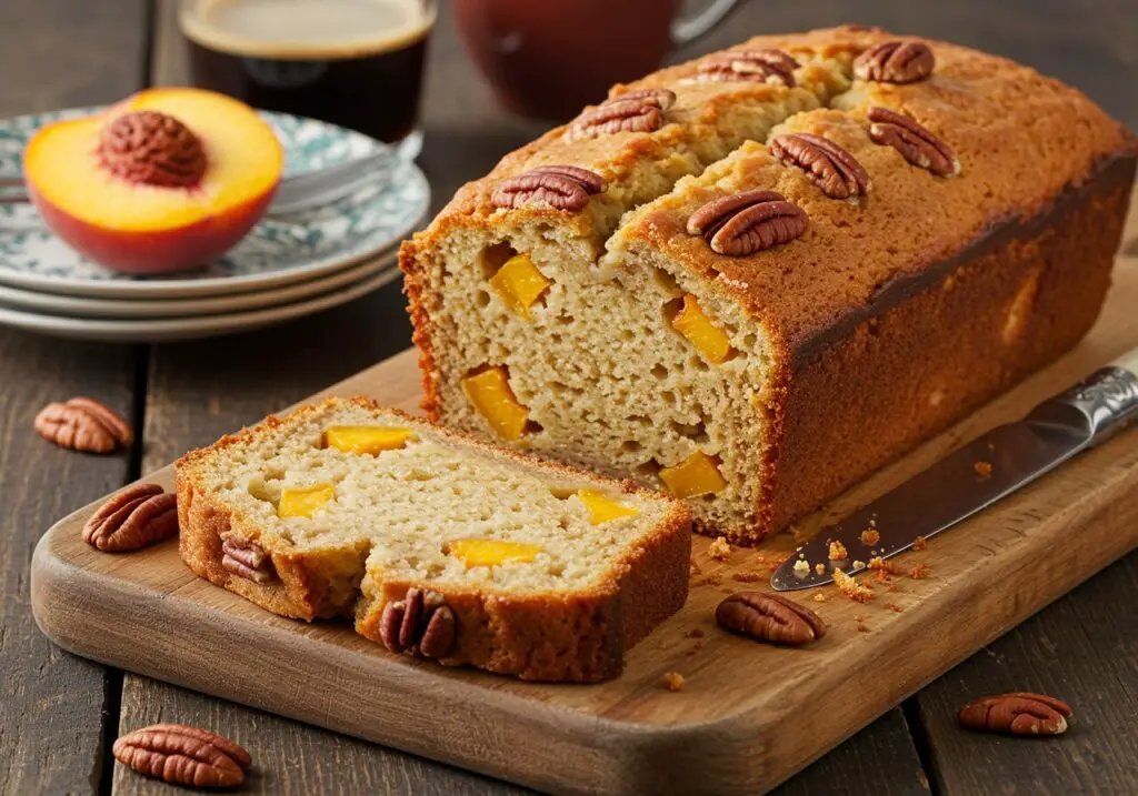 Delicious Peach Pecan Bread served on a cutting board with a slice displayed, showcasing the moist texture and rich flavors of peach and pecans, perfect for any brunch table.