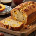 Delicious Peach Pecan Bread served on a cutting board with a slice displayed, showcasing the moist texture and rich flavors of peach and pecans, perfect for any brunch table.