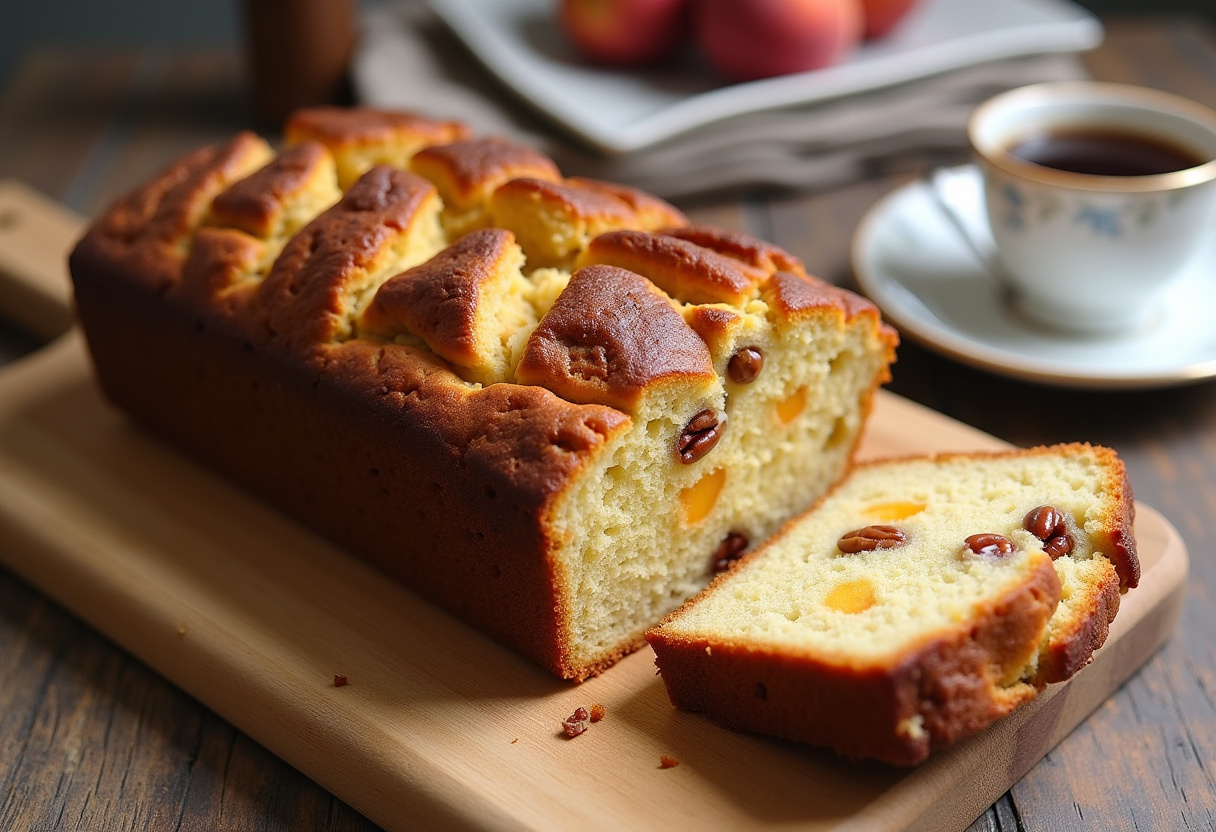 Delicious Peach Pecan Bread served on a cutting board with a slice displayed, showcasing the moist texture and rich flavors of peach and pecans, perfect for any brunch table.