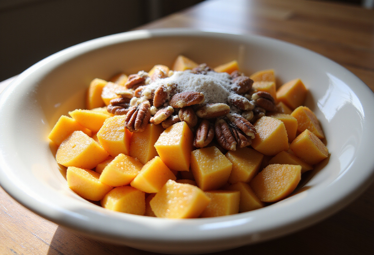 Fresh peaches and toasted pecans for Peach Pecan Bread, capturing the vibrant colors and textures of ripe fruits and nuts.