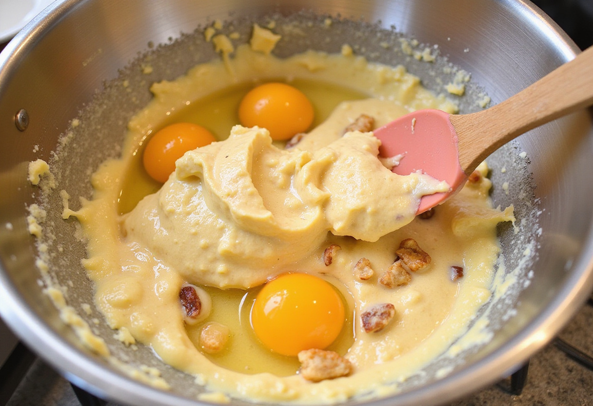 Well-mixed batter for Peach Pecan Bread, highlighting the creamy texture as it prepares to incorporate the fresh fruits and nuts.
