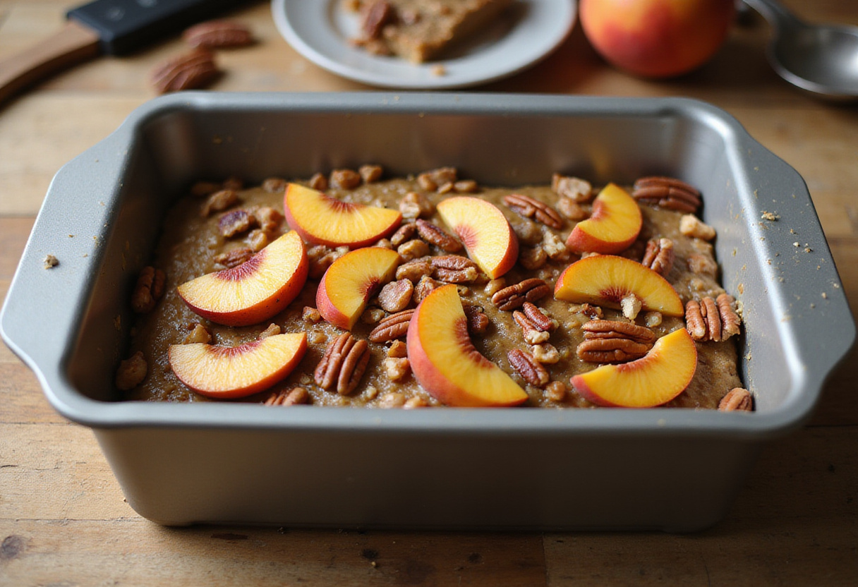 Loaf pan filled with Peach Pecan Bread mixture, adorned with slices of peach and pecans, depicting the preparation for baking.