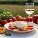 Final presentation of Peach Tomato Burrata Salad served elegantly outdoors, featuring colorful peaches, tomatoes, and creamy burrata.