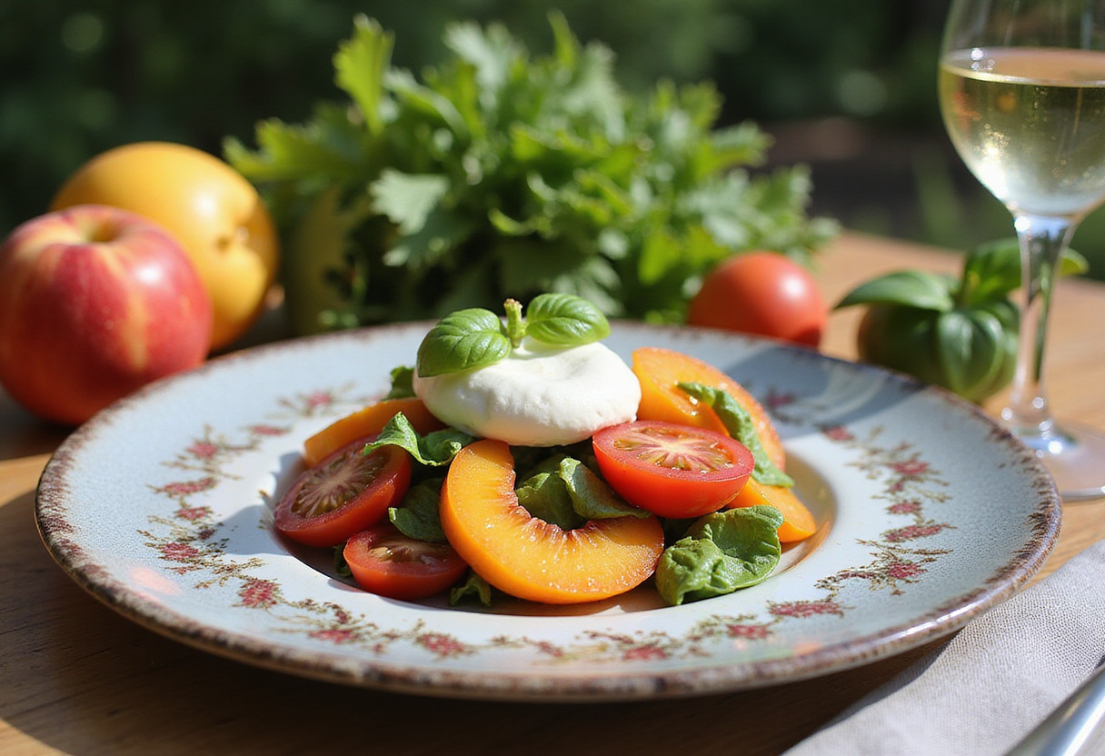 Final presentation of Peach Tomato Burrata Salad served elegantly outdoors, featuring colorful peaches, tomatoes, and creamy burrata.