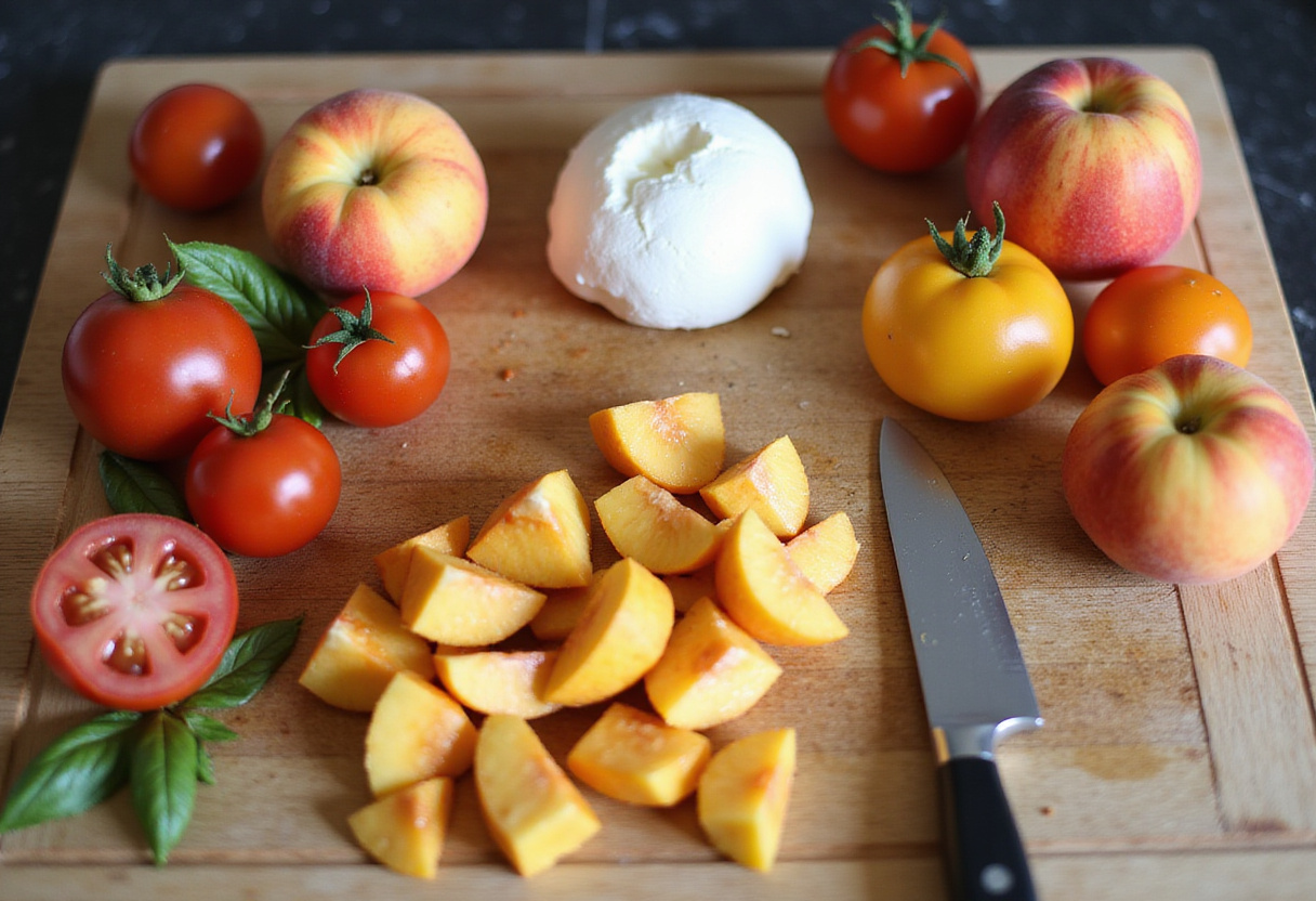 Fresh ingredients for Peach Tomato Burrata Salad including peaches, tomatoes, and burrata cheese displayed on a wooden cutting board.
