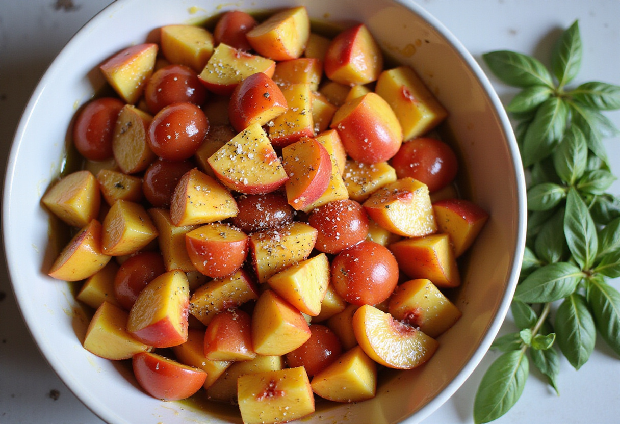 Mixed ingredients for Peach Tomato Burrata Salad displayed in a large bowl, showcasing chopped peaches, tomatoes, and fresh basil.