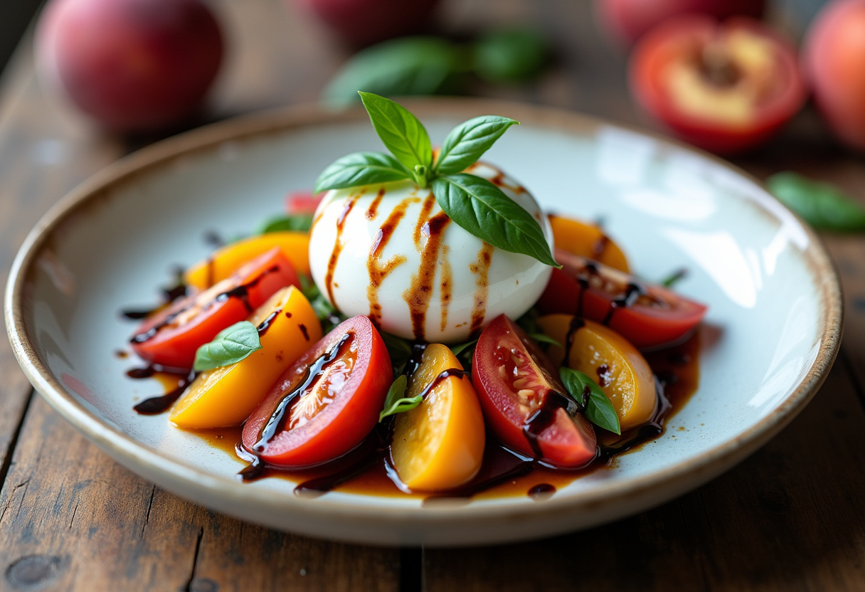 Plated Peach Tomato Burrata Salad garnished with basil and balsamic glaze, showcasing the colorful ingredients and creamy burrata.