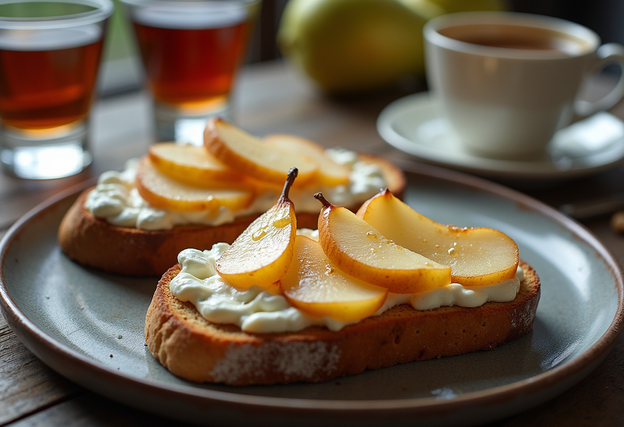 Final presentation of Pear & Cottage Cheese Toast, highlighting a delicious and nutritious breakfast option with a cozy ambiance.