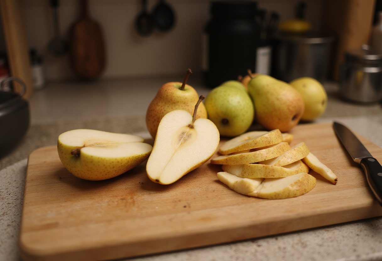 Slicing ripe pears for Pear & Cottage Cheese Toast, showcasing fresh ingredients and inviting kitchen ambiance.