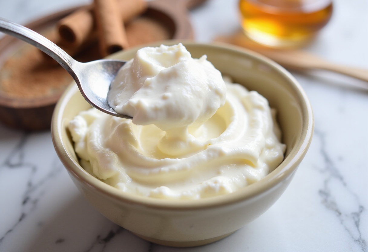 Preparing cottage cheese for Pear & Cottage Cheese Toast, emphasizing its creamy texture and healthy ingredients.