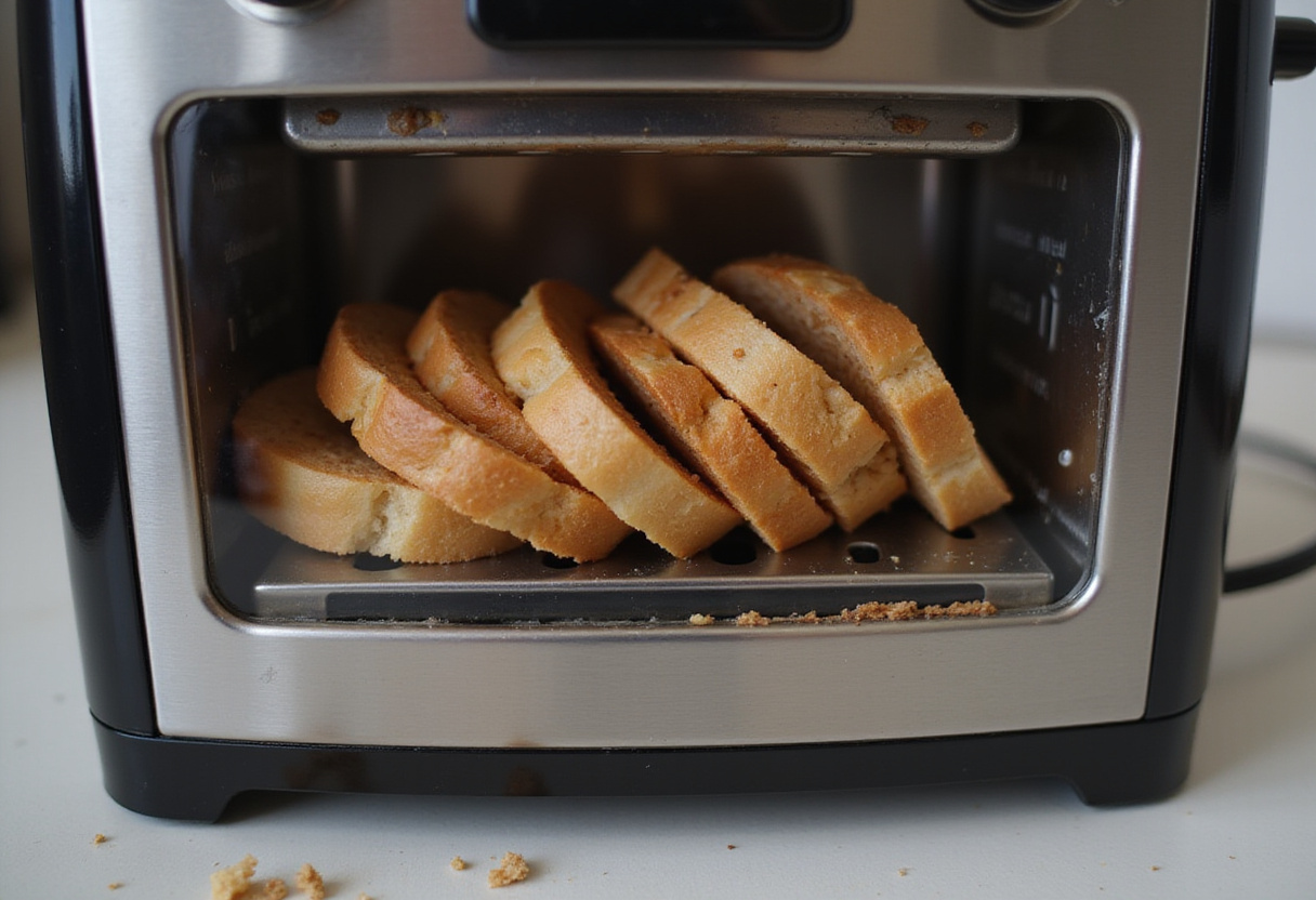 Toasting whole grain bread for Pear & Cottage Cheese Toast, creating a warm and inviting breakfast scene.