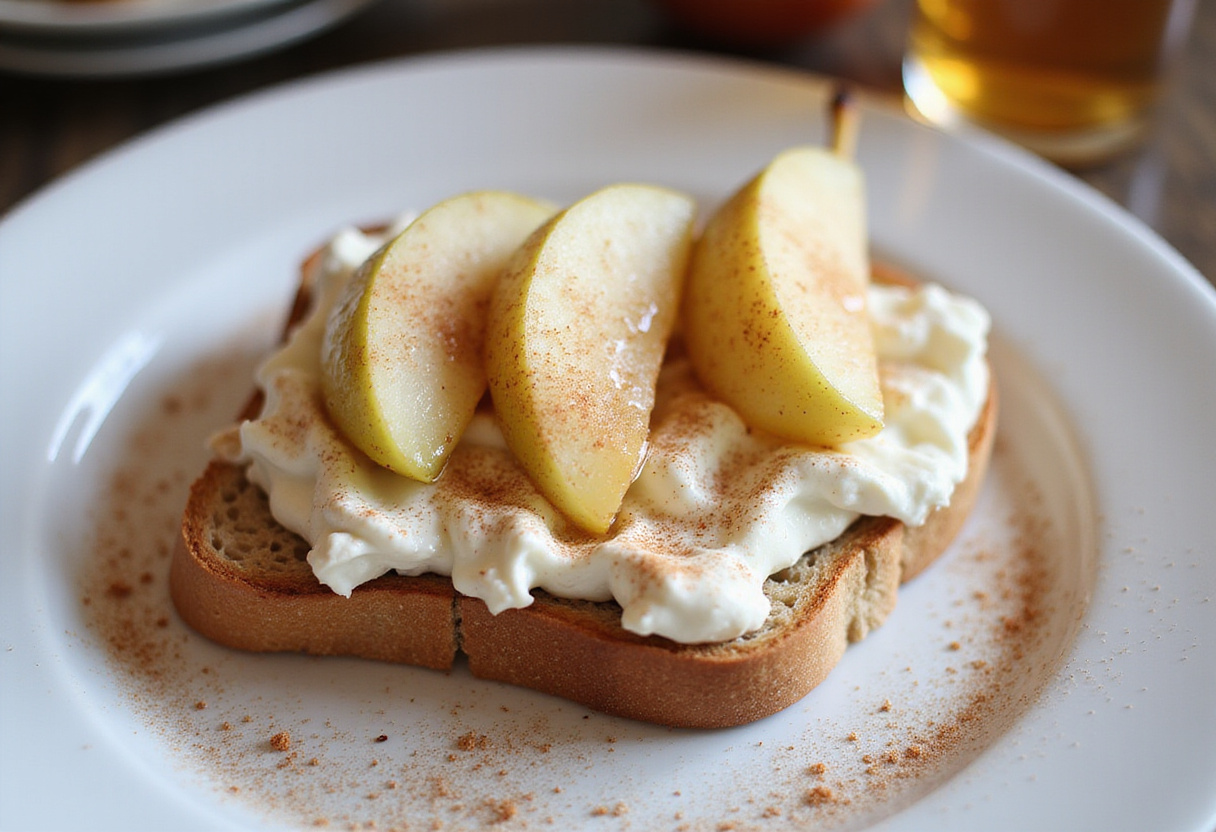Assembling Pear & Cottage Cheese Toast, featuring fresh pears, creamy cottage cheese, and the perfect garnish for a delightful breakfast.