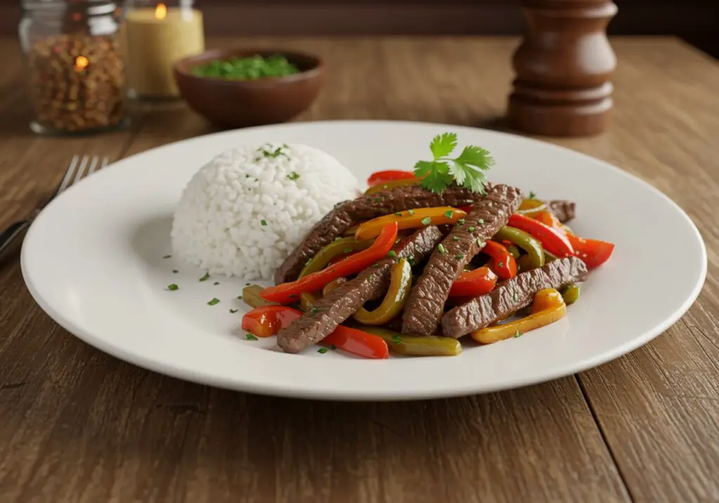 Delicious pepper steak with bell peppers and onions, elegantly plated with a side of rice, an inviting meal.