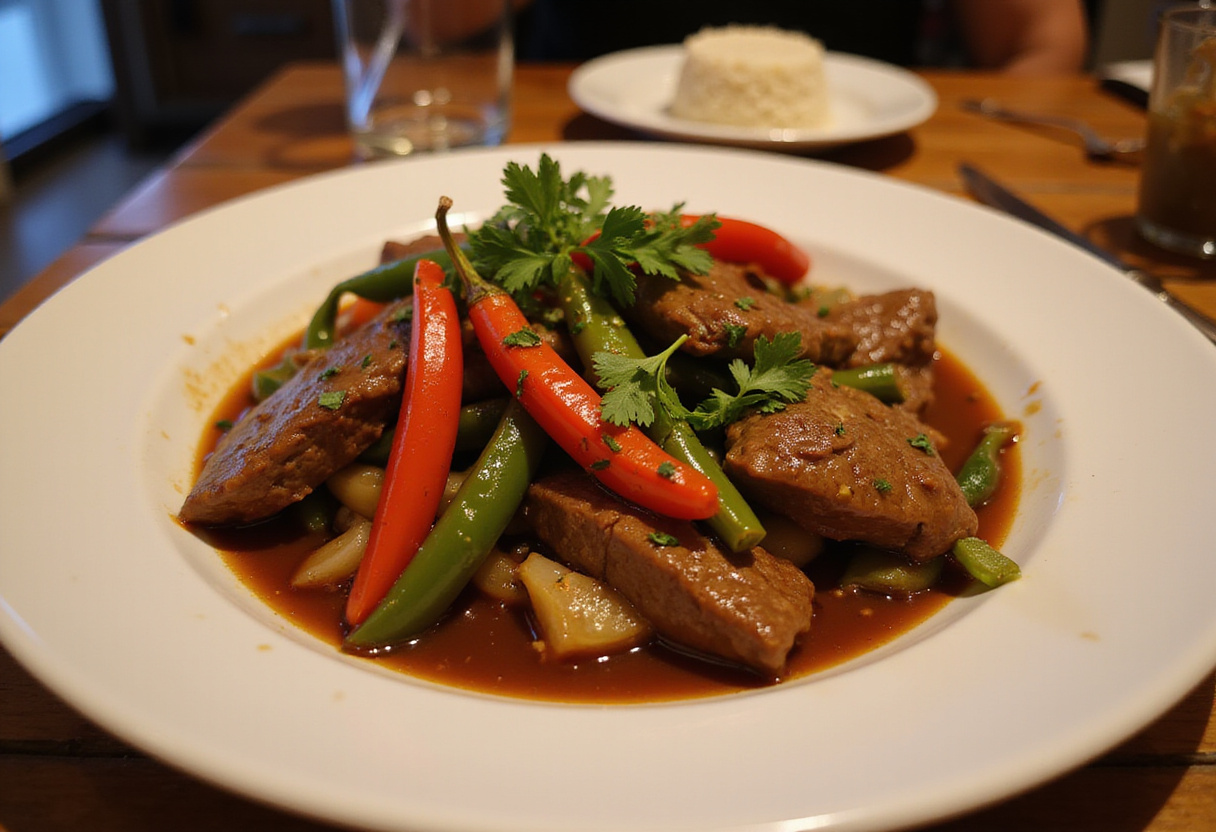 Delicious pepper steak with bell peppers and onions, elegantly plated with a side of rice, an inviting meal.