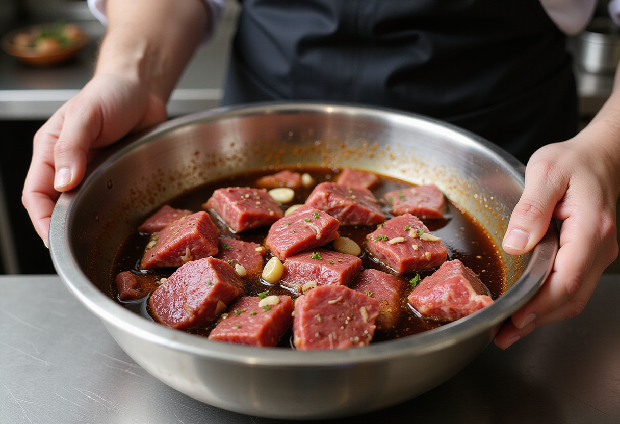 Marinating beef strips for pepper steak using soy sauce, garlic, and spices, enhancing flavor.